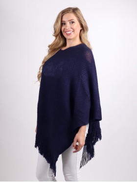 Solid Subtle Panels Poncho W/ Fringe